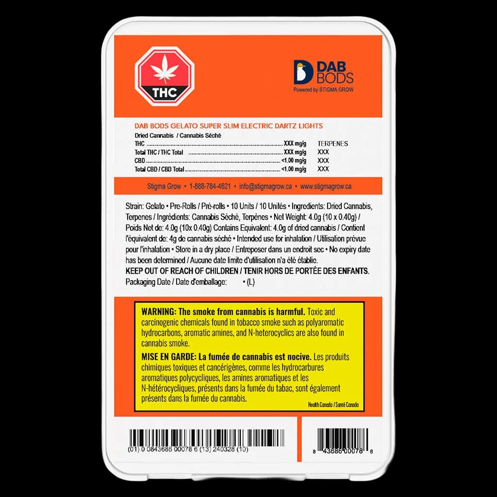 Dab Bods Gelato Super Slim Electric Dartz Lights 10-pack pre-rolls 4.0g package back label showing THC content, ingredients, and Health Canada warnings