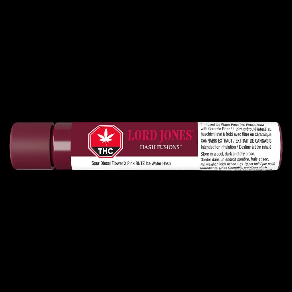 Lord Jones Hash Fusions Sour Diesel Flower X Pink RNTZ Ice Water Hash pre-rolled joint with ceramic filter, 1g cannabis extract