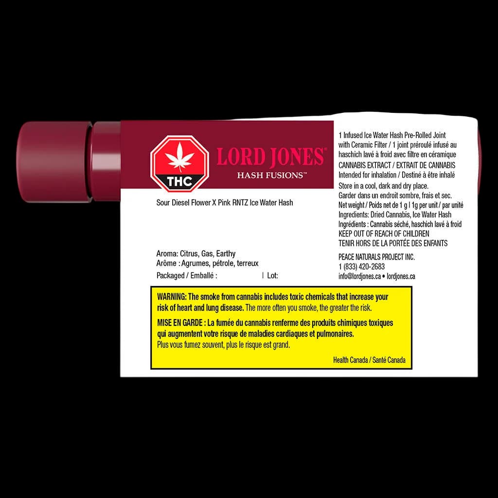 Lord Jones Hash Fusions Sour Diesel X Pink RNTZ infused ice water hash pre-rolled joint with ceramic filter, 1g
