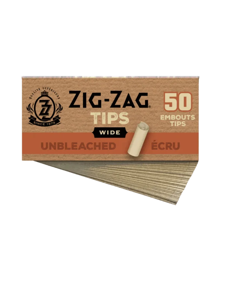 Zig Zag Wide Unbleached Tips 50-pack box with visible rolling papers fanned below