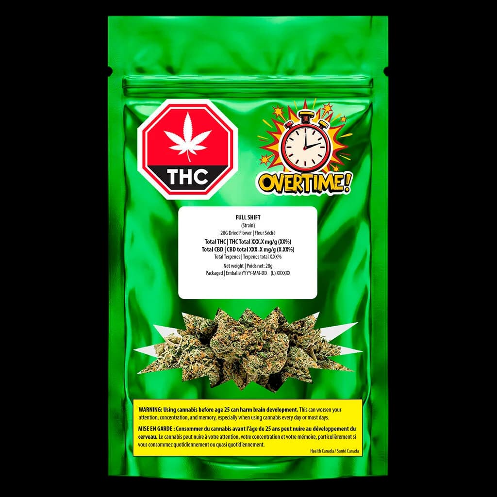 Overtime Full Shift 28g dried flower cannabis pouch with green packaging, visible buds, THC warning symbol, and Health Canada label