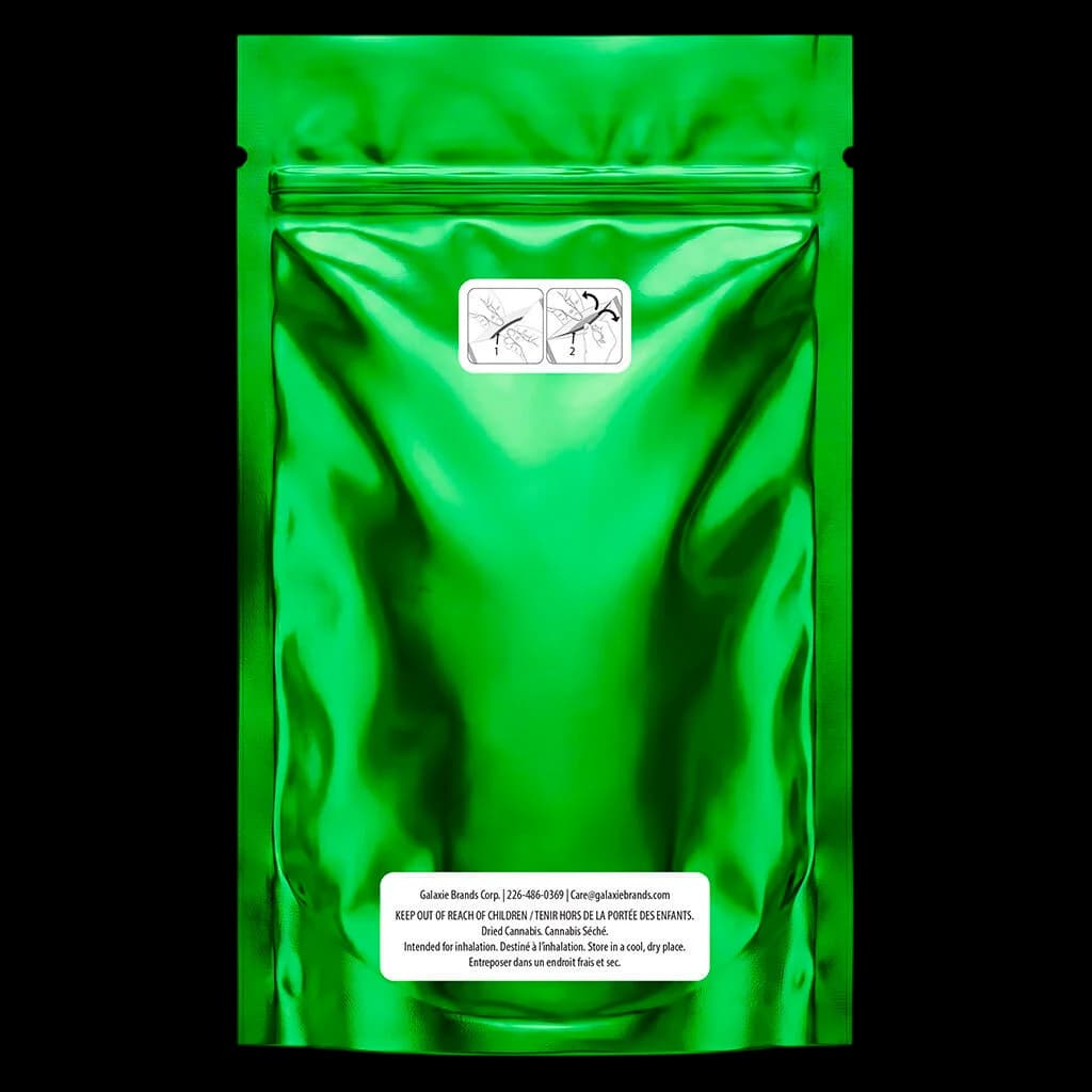 Overtime Full Shift cannabis dried flower in green mylar pouch with child-resistant seal and bilingual regulatory label