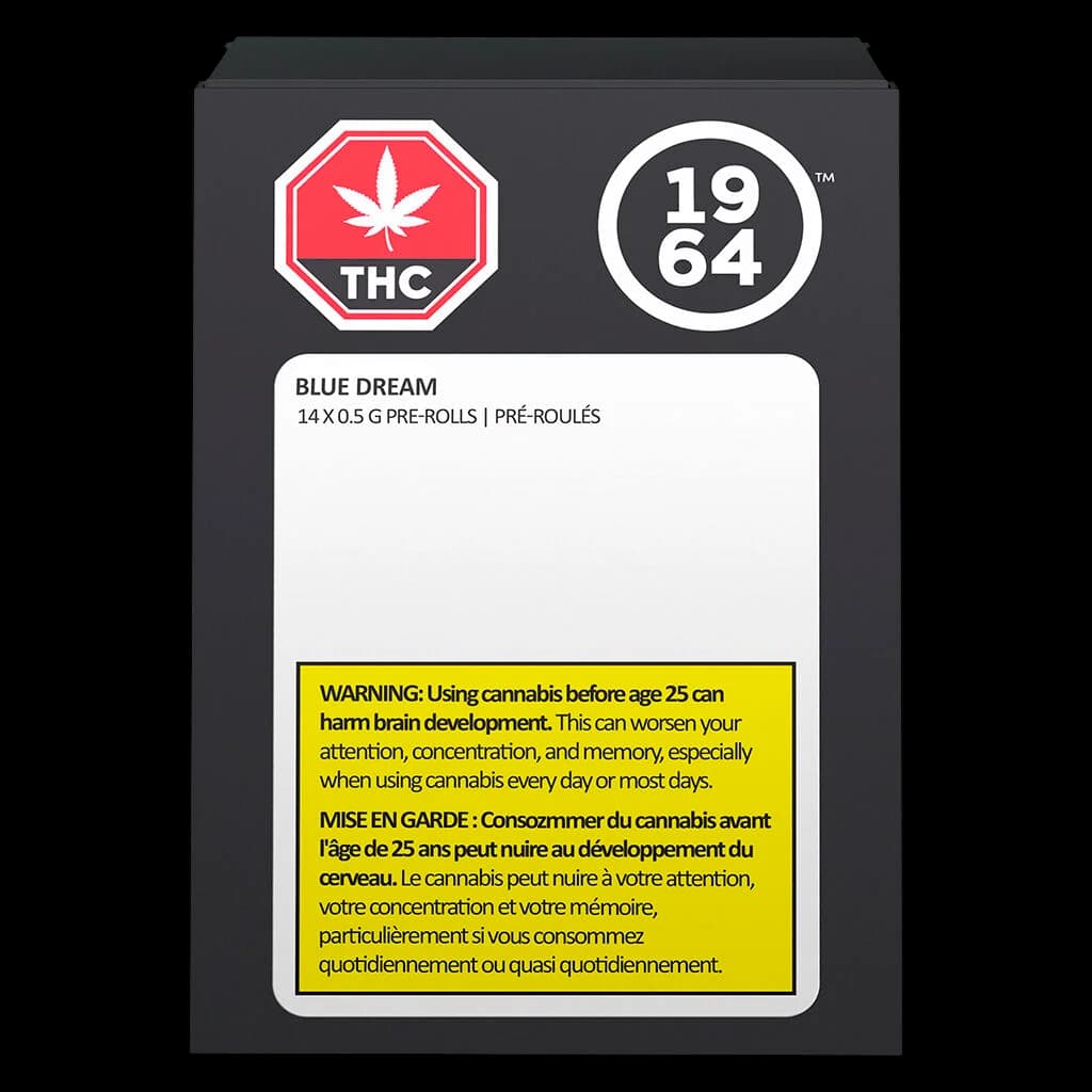 1964 Blue Dream 14 x 0.5g pre-rolls pack with THC warning symbol and Health Canada bilingual warning label