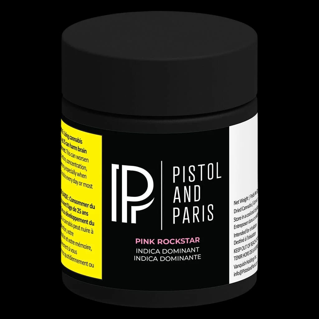 Pistol and Paris Pink Rockstar Indica Dominant dried flower cannabis in black glass jar with yellow Health Canada warning label