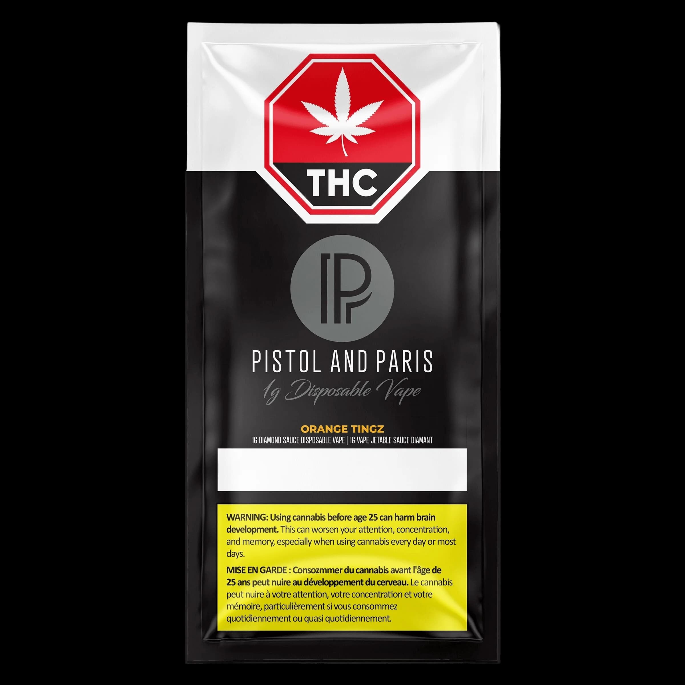 Pistol and Paris Orange Tingz 1g diamond sauce disposable vape with THC warning label