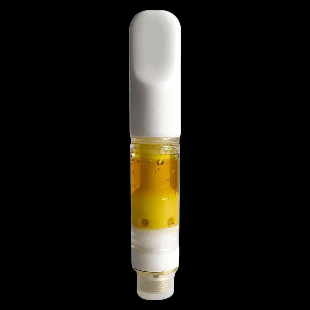 Sauce Rosin Labs solventless live rosin vape cartridge with golden oil and white ceramic mouthpiece