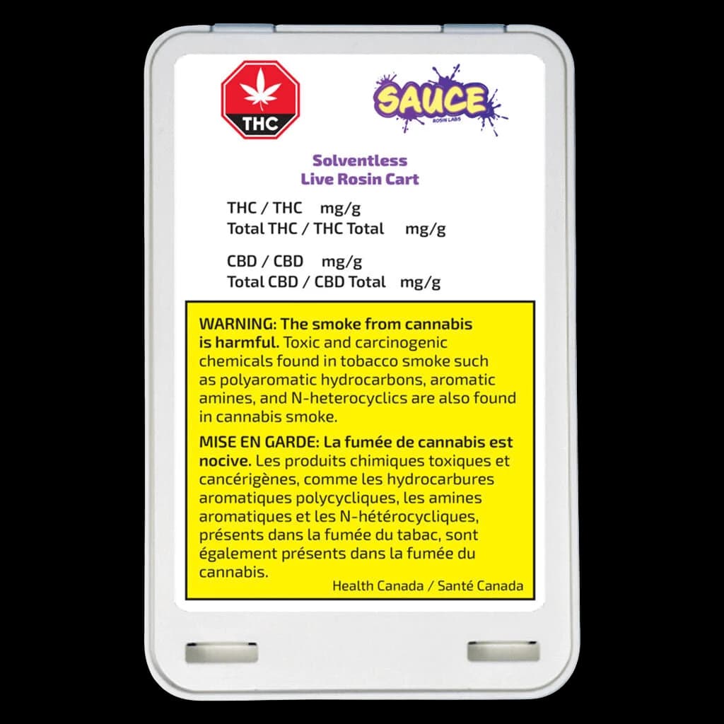 Sauce Rosin Labs Solventless Live Rosin Cart packaging with THC warning label and Health Canada regulatory information