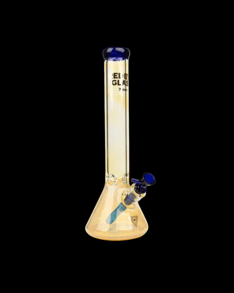 Red Eye Tek Colour Changing Beaker Tube with 7mm thick yellow borosilicate glass, blue accents, and matching bowl piece