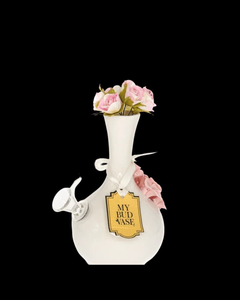 My Bud Vase Friends Monica white ceramic bong with pink roses in neck opening and gold label