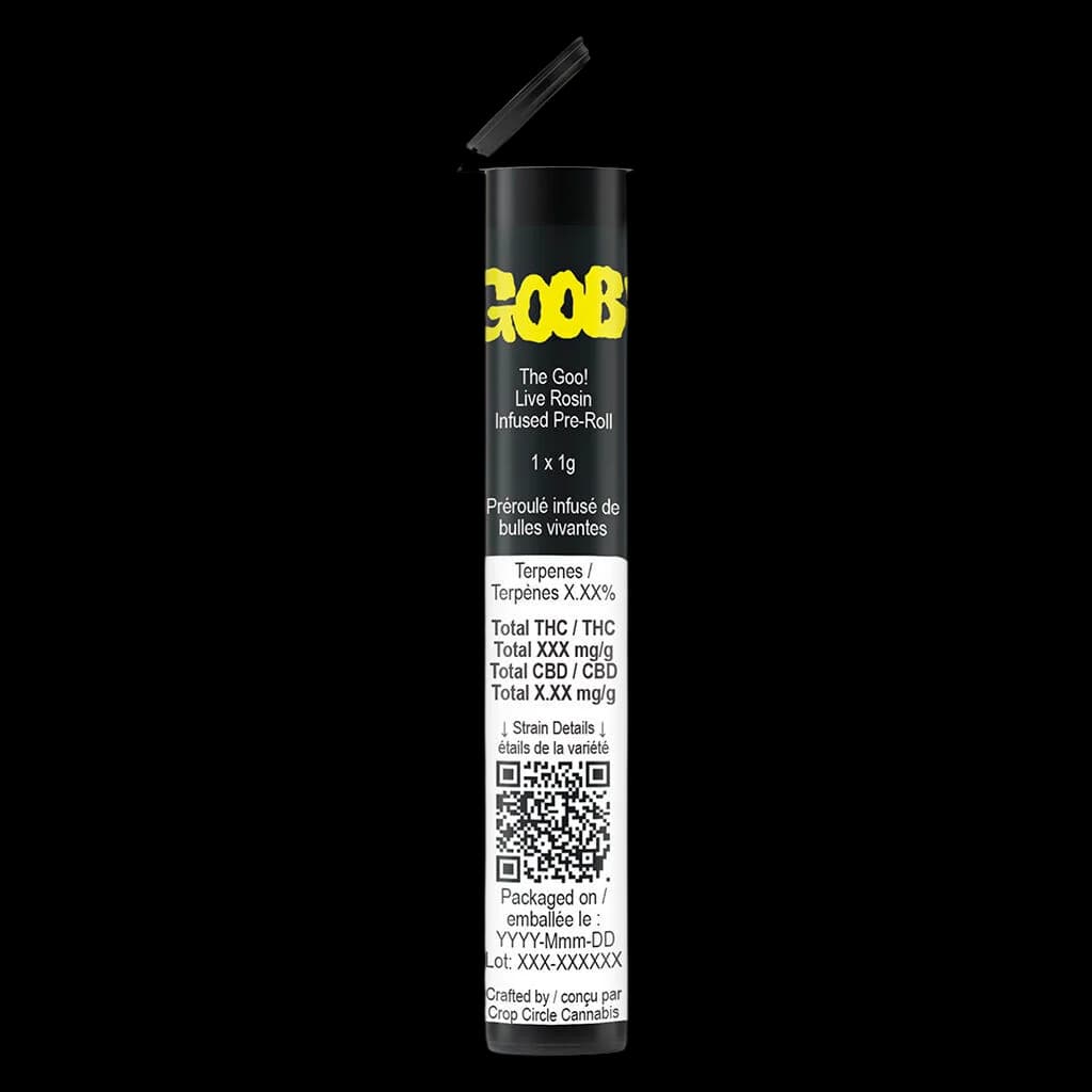 The Goo! GOOB! Live Rosin Infused Pre-Roll 1g with black tube packaging and yellow branding