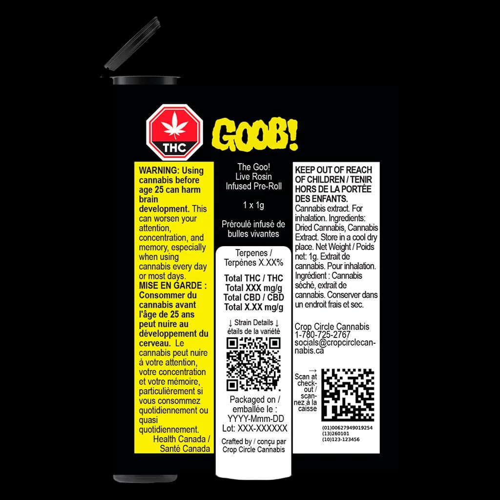 Goo! Live Rosin Infused Pre-Roll 1g packaging showing front and back labels with Health Canada warnings and THC symbol