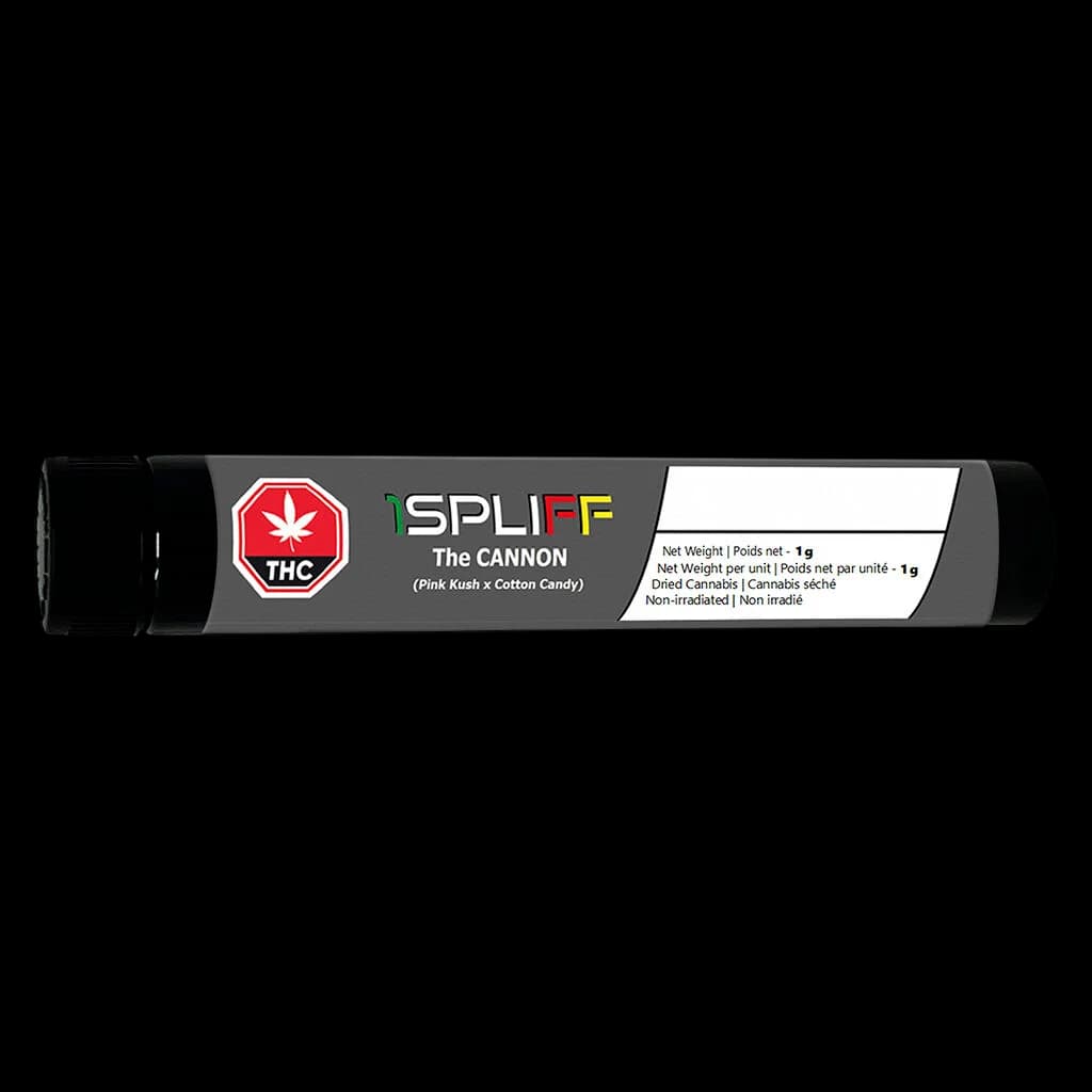 1SPLIFF The Cannon pre-roll, 1g, Pink Kush x Cotton Candy strain, in black tube packaging
