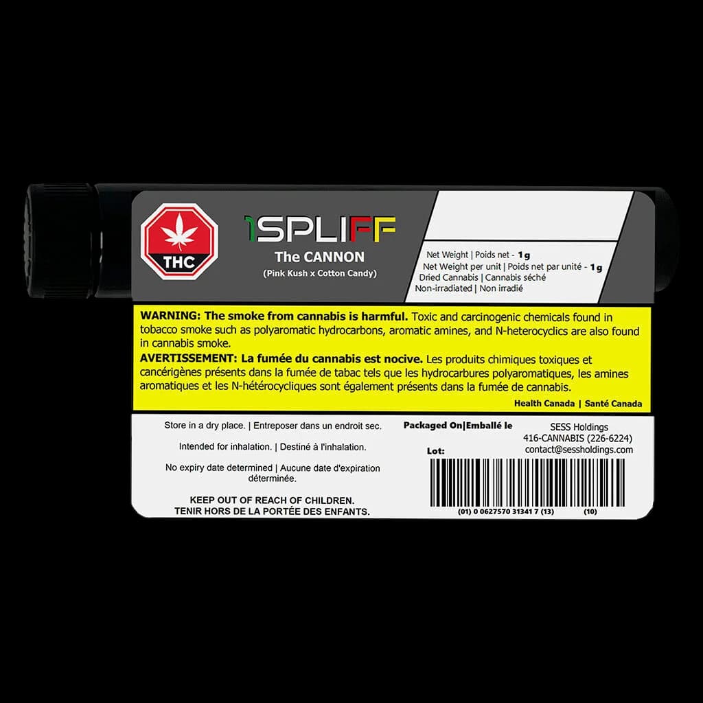 1SPLIFF The Cannon pre-roll 1g, Pink Kush x Cotton Candy strain, with red THC warning symbol and yellow Health Canada warning label