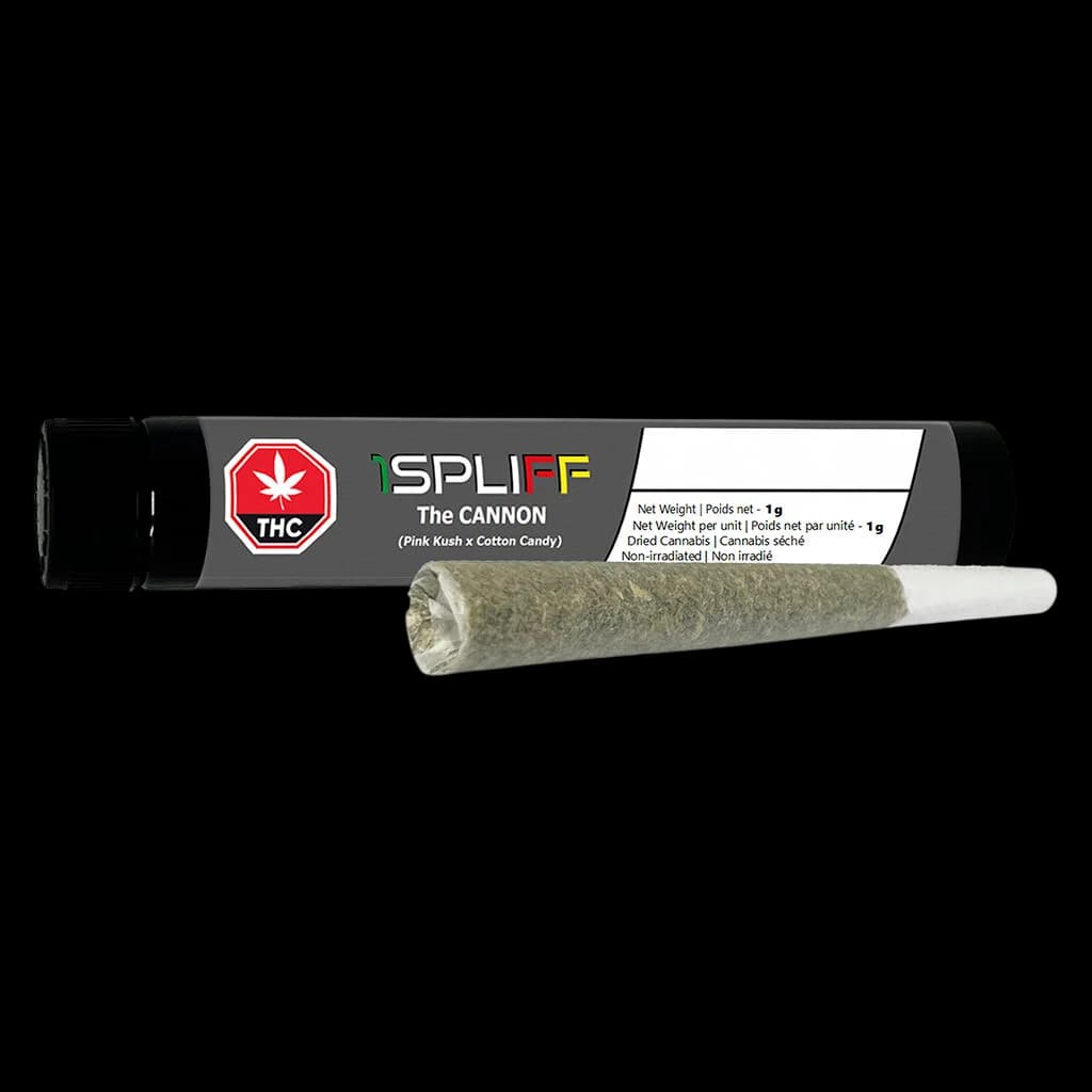 1SPLIFF The Cannon pre-roll, 1g, Pink Kush x Cotton Candy strain, displayed with packaging tube