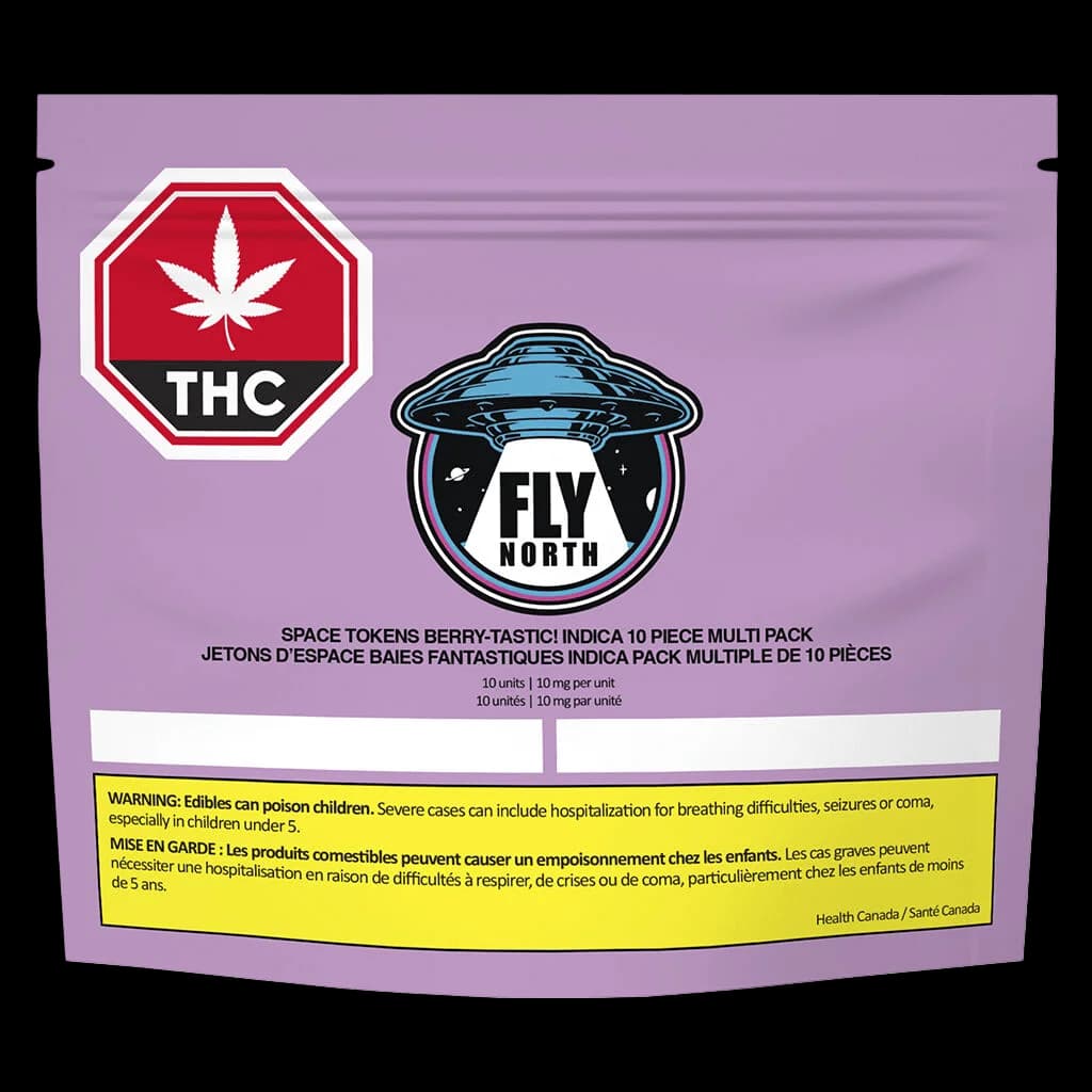 Fly North Space Tokens Berry-Tastic Indica 10-pack soft chews, 10mg THC per unit, purple packaging with red THC warning symbol and UFO logo