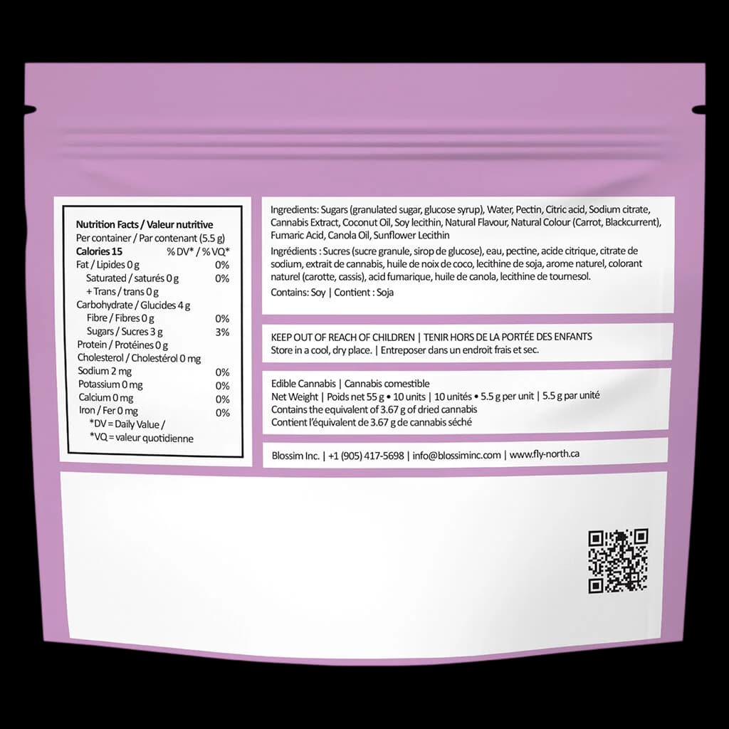 Back of Fly North Space Tokens Berry-Tastic Indica cannabis edible package showing nutrition facts, ingredients, and dosage information for 55g multi-pack