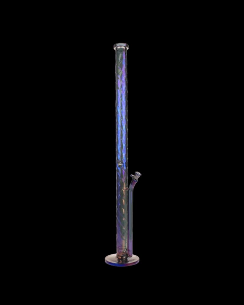 Red Eye Tek Goliath Twist straight tube bong with metallic terminator finish, blue iridescent glass, and side carb hole