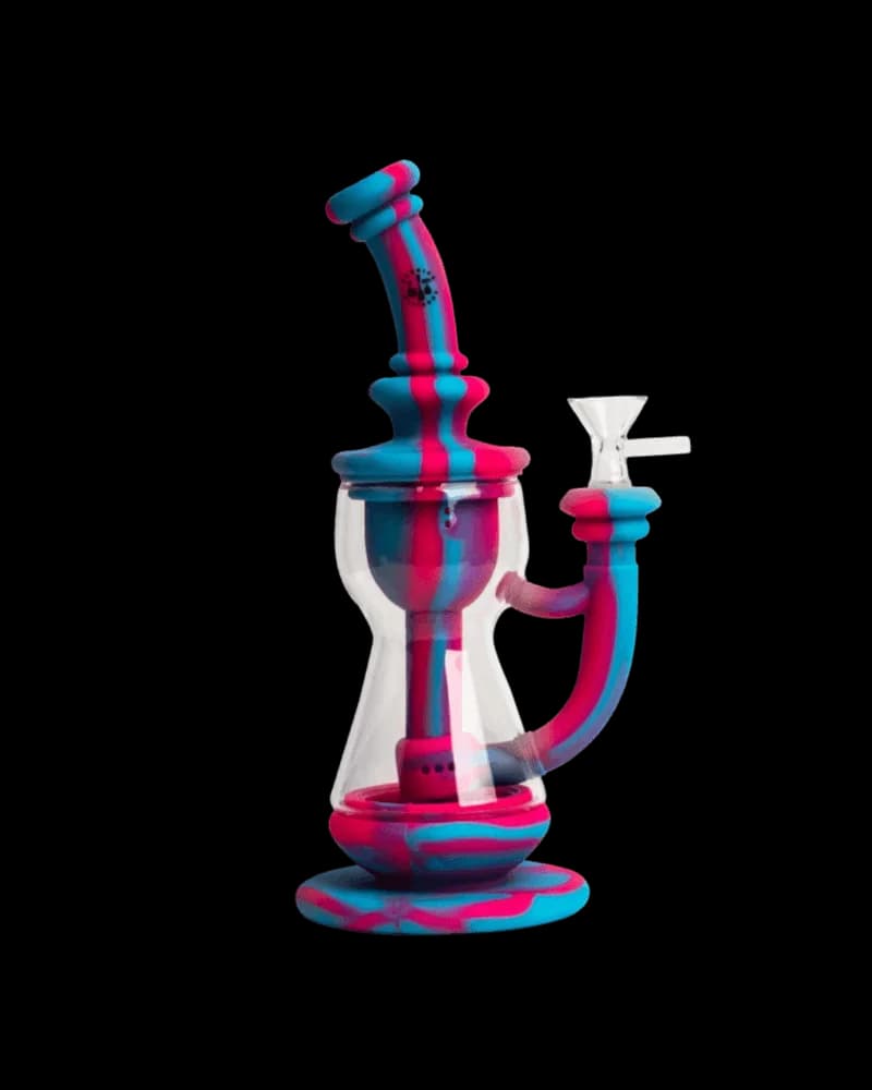 Lit Silicone bong with glass chamber and pull-out slide, pink and teal striped silicone construction