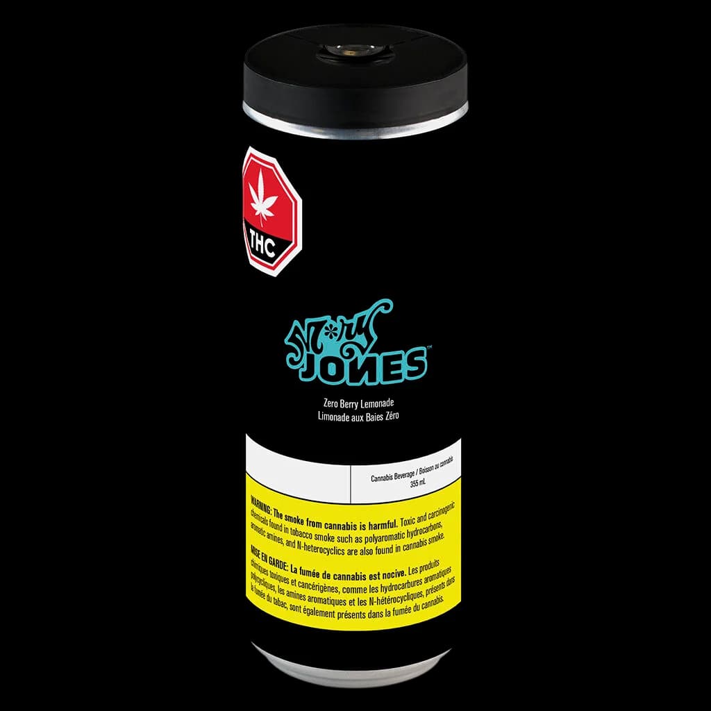 Stony Jones Zero Berry Lemonade cannabis beverage, 355 mL can with black label, red THC symbol, and yellow health warning band