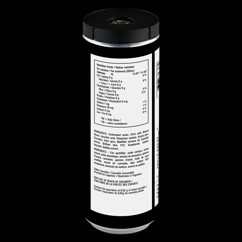 M*ry Jones Zero Berry Lemonade cannabis beverage, 355mL can showing nutrition facts, ingredients, and health warnings on rear label