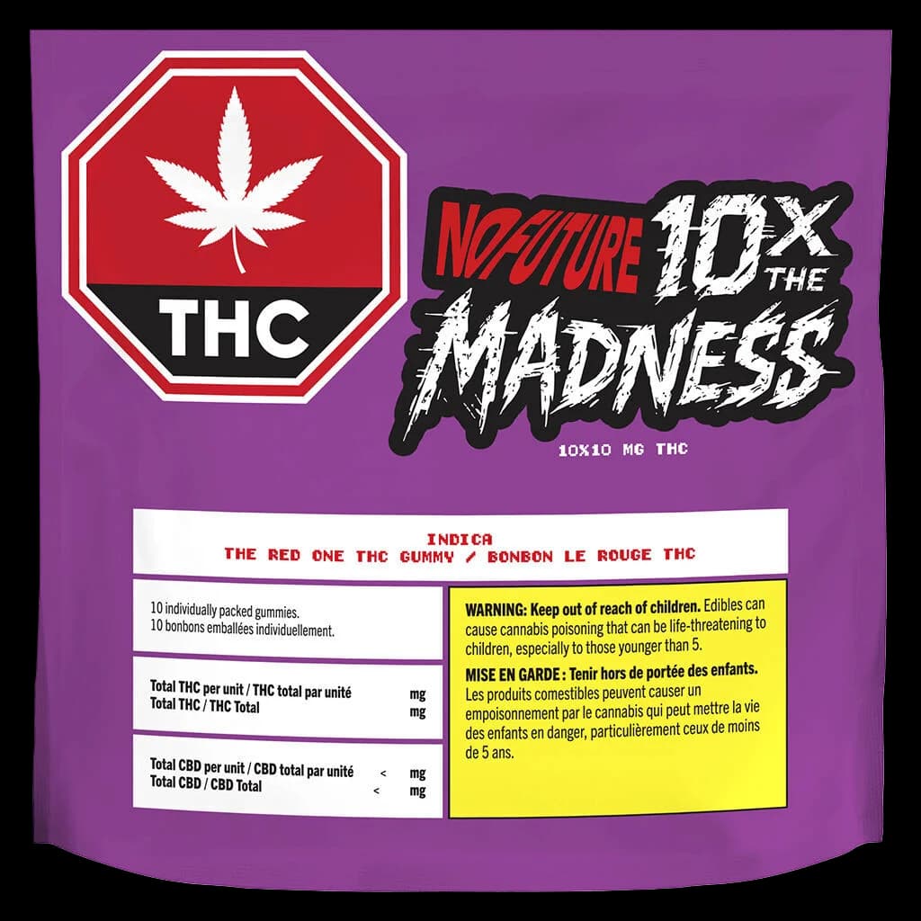 Emballage de gommes de cannabis indica No Future 10x The Madness The Red One, 10x10mg THC, fond violet avec symbole d'avertissement THC rouge et étiquette d'avertissement jaune de Santé Canada