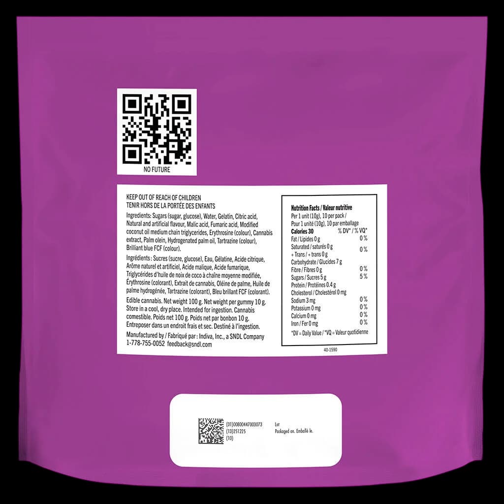 Emballage arrière de 100 g des gommes tendres indica 10x the Madness The Red One de No Future avec tableau de valeurs nutritives et ingrédients bilingues