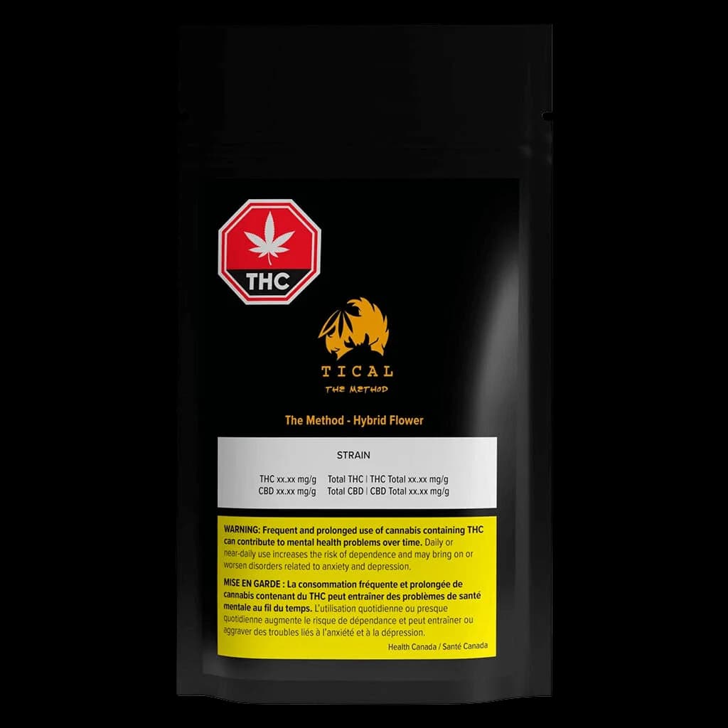 TICAL The Method hybrid flower cannabis dried flower package with red THC warning symbol and yellow Health Canada warning label on black pouch