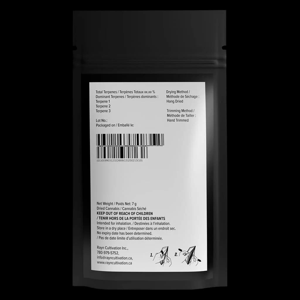TICAL The Method hybrid dried cannabis flower, 7g pouch with hang-dried hand-trimmed processing details and barcode
