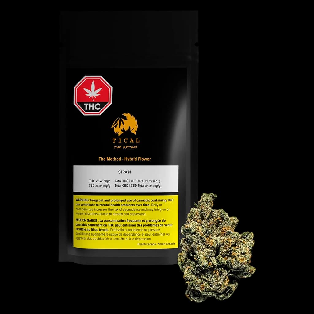 TICAL The Method hybrid cannabis flower buds displayed beside black pouch packaging with THC warning label