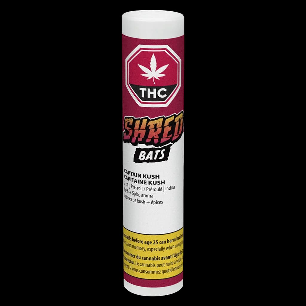 SHRED Captain Kush cannabis pre-roll pack with burgundy and white packaging, THC symbol, and spice aroma notation