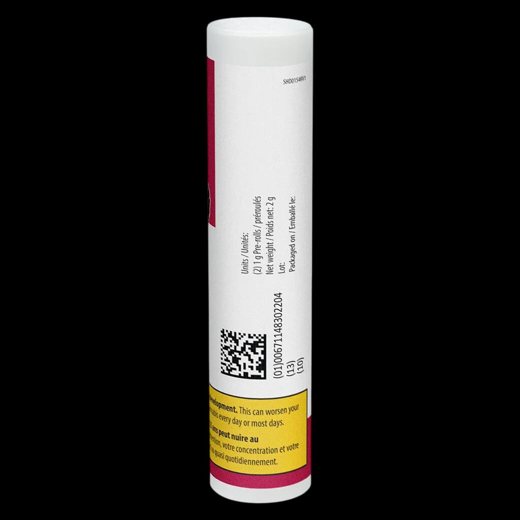 SHRED Captain Kush Bats pre-roll pack, 2.1g pre-rolls, white tube with red and pink accents and yellow Health Canada warning label