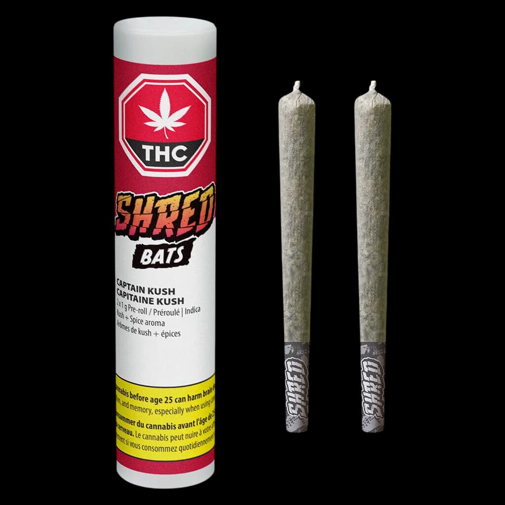 SHRED Captain Kush cannabis pre-roll bats, 2-pack, 1g each with Kush and spice aroma