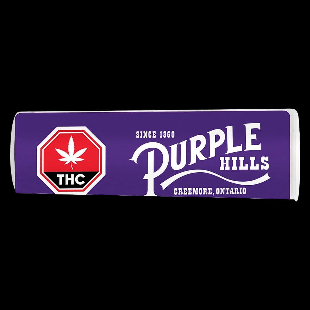 Produit de cannabis moulu Purple Hills Gasoline Valley avec étiquette d'avertissement THC et identification de Creemore, Ontario sur emballage violet