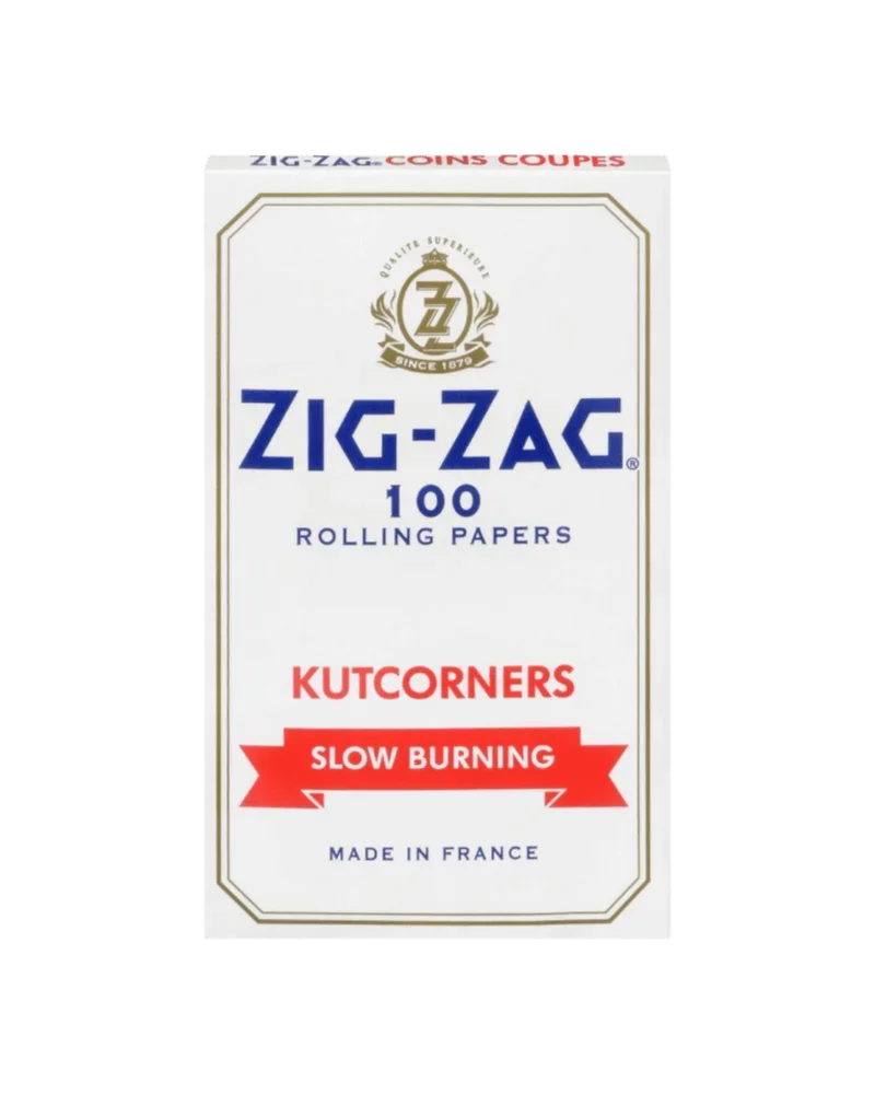 Emballage de 100 feuilles à rouler à combustion lente Zig-Zag 100 Kutcorners, boîte blanche avec logo doré et bleu
