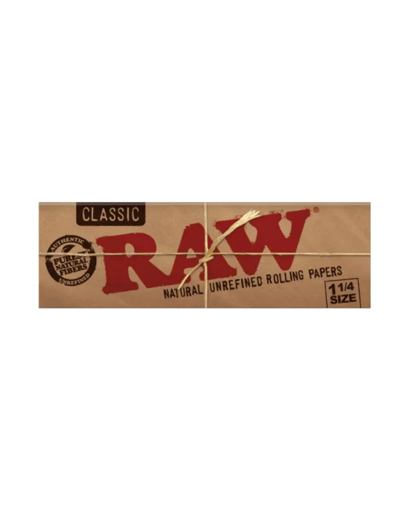 Raw Classic 1 1/4 Natural Unrefined Rolling Papers package with red logo on kraft paper