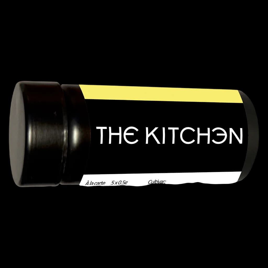 The Kitchen A la carte pre-roll pack, 5 x 0.5g, black tube with yellow band and cultivar information