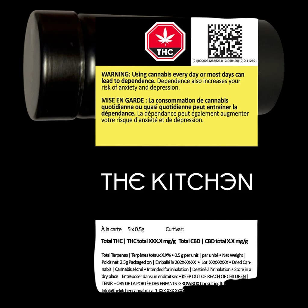 The Kitchen À la carte pre-roll pack, 5 x 0.5g, with red THC warning symbol, yellow Health Canada warning label, and QR code on black packaging