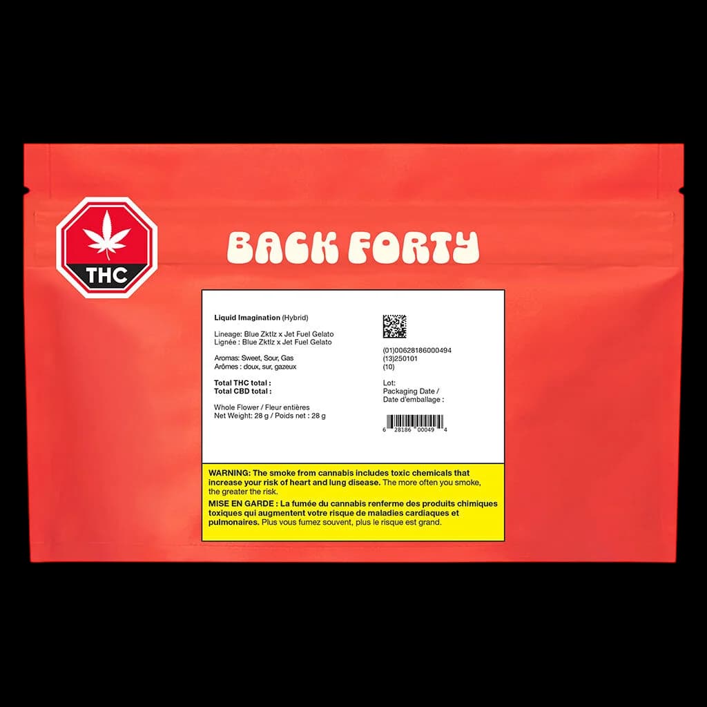 Back Forty Liquid Imagination 28g dried flower cannabis package with red pouch, hybrid strain label, and Health Canada warning