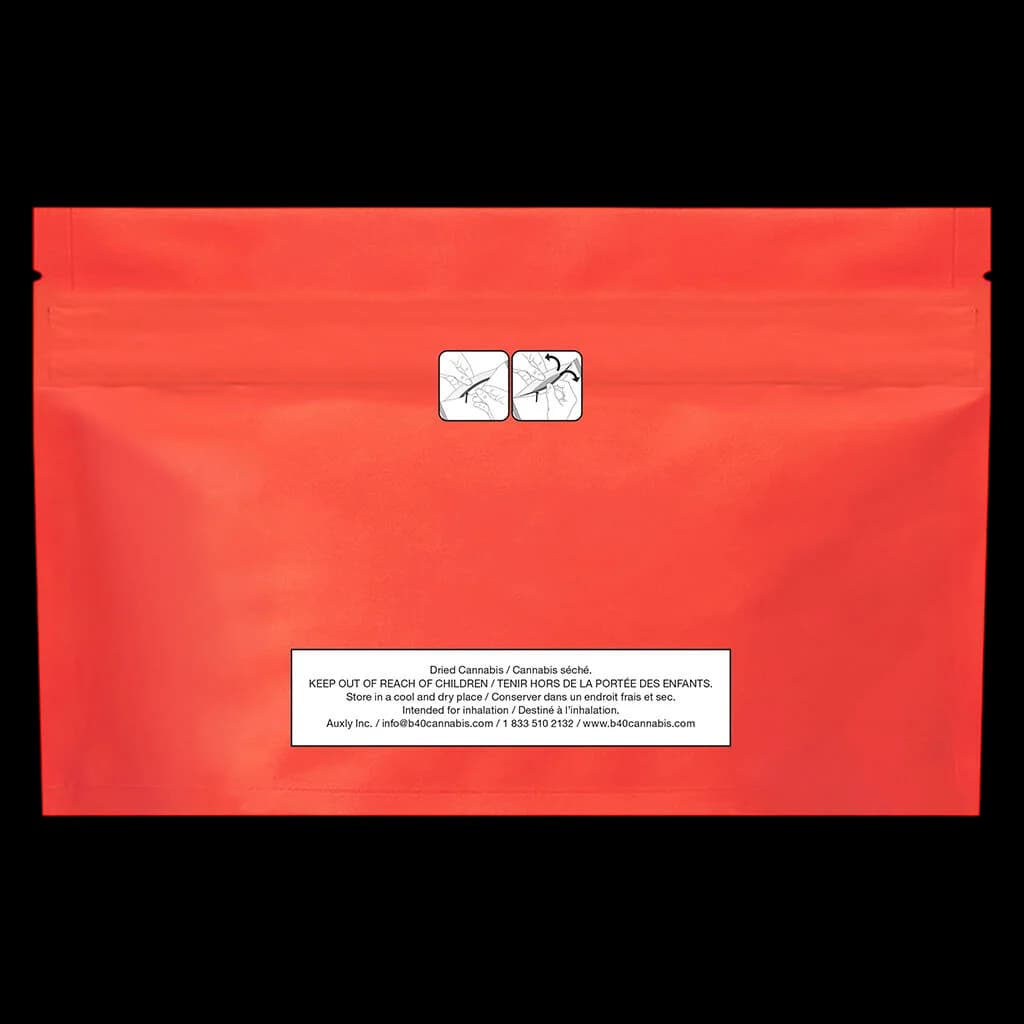 Back Forty Liquid Imagination dried flower cannabis in red resealable pouch with child-resistant packaging