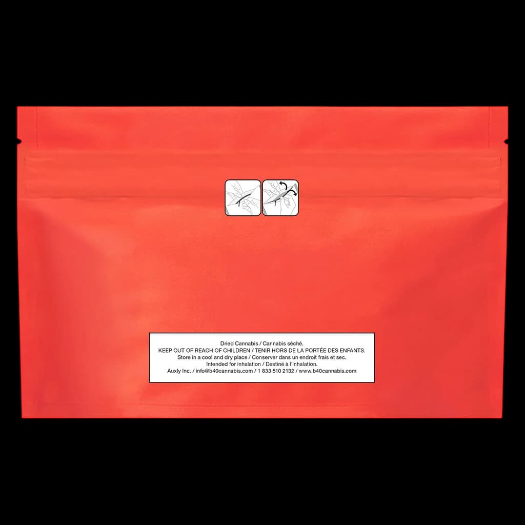Back Forty Liquid Imagination cannabis dried flower package, red pouch with child-resistant closure and regulatory label