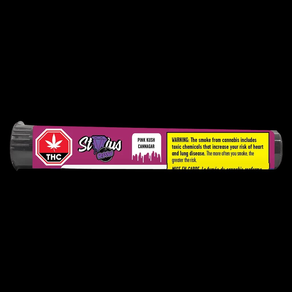 Pré-roulé Cannagar Pink Kush de Status Raw avec emballage magenta, symbole d'avertissement THC et étiquette d'avertissement de Santé Canada