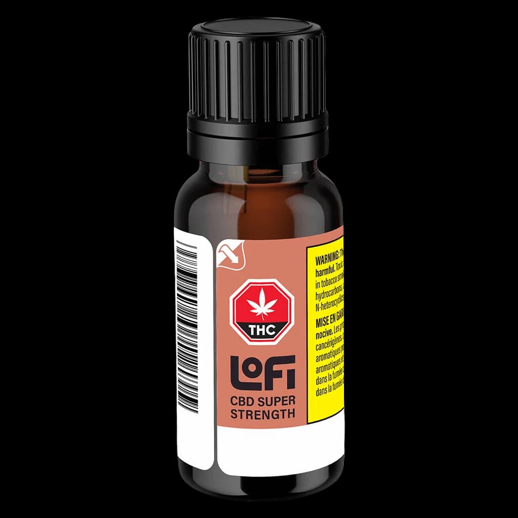 LoFi CBD Super Strength cannabis oil in amber glass bottle with black cap and yellow Health Canada warning label
