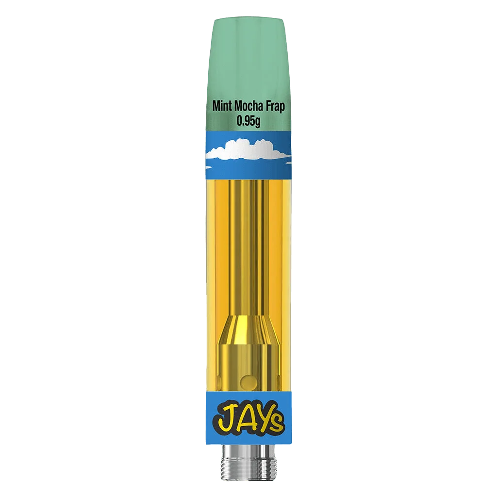 Jays Mint Mocha Frap 0.95g cannabis vape cartridge with gold chamber and blue/green packaging