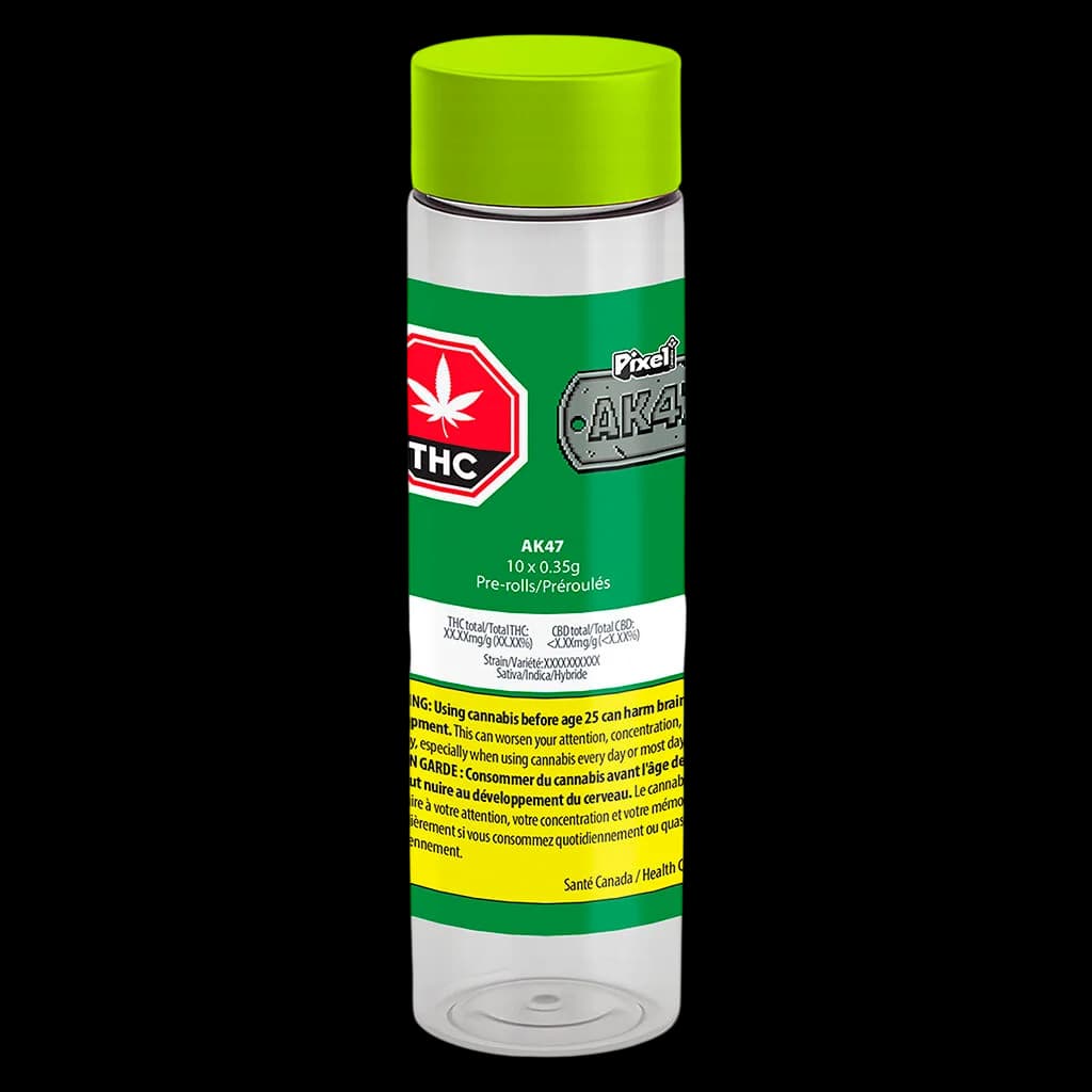 Pixel AK47 pre-roll pack, 10 x 0.35g, with green and white packaging and red THC warning symbol