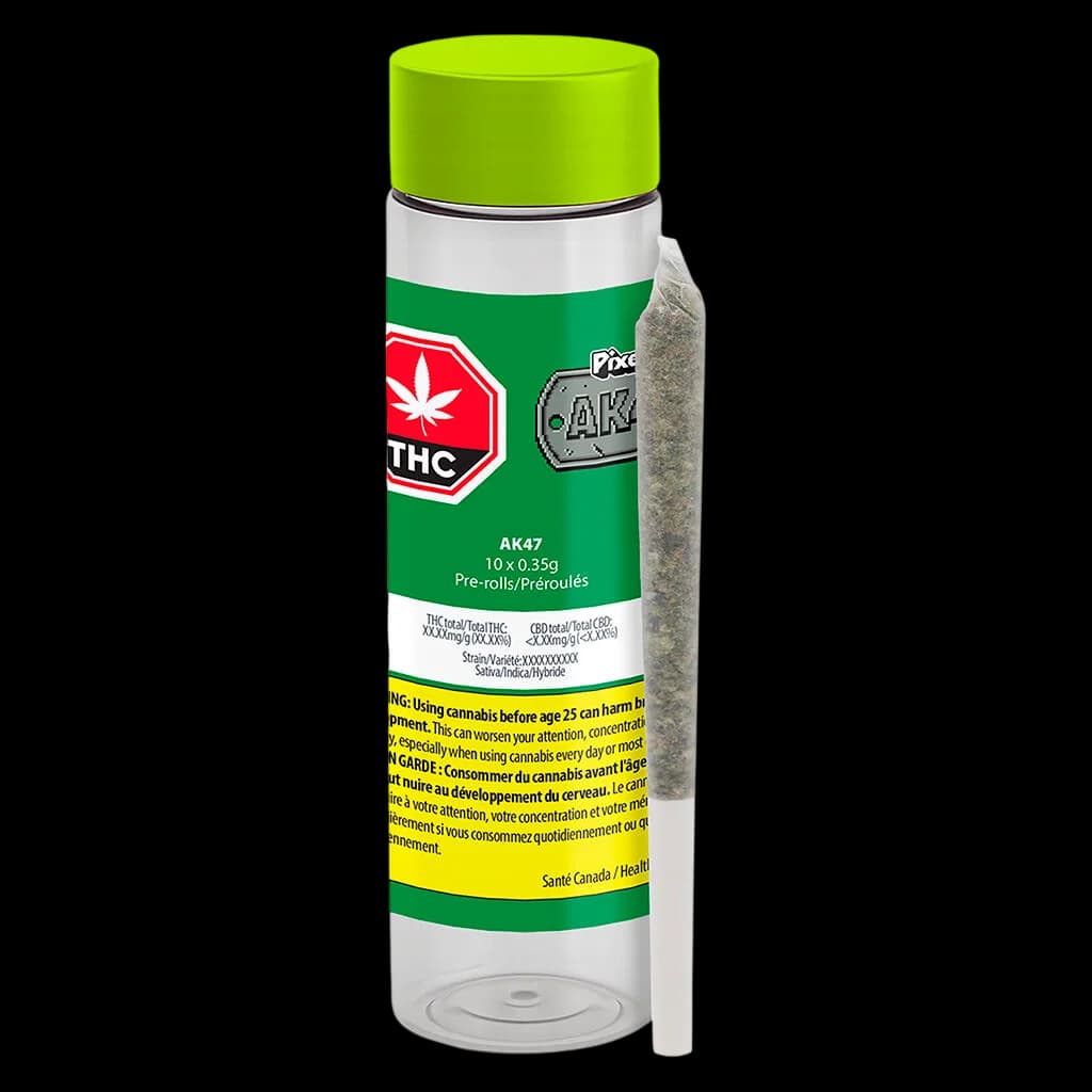 Pixie AK47 pre-roll pack, 10 x 0.35g, with bright green cap and one pre-roll visible beside sealed tube packaging