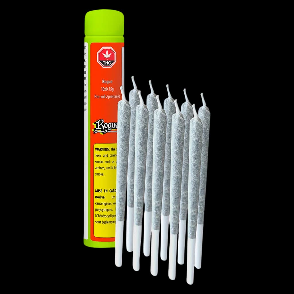 Rogue pre-rolls 10x0.15g pack with 10 cannabis joints displayed beside red and green packaging