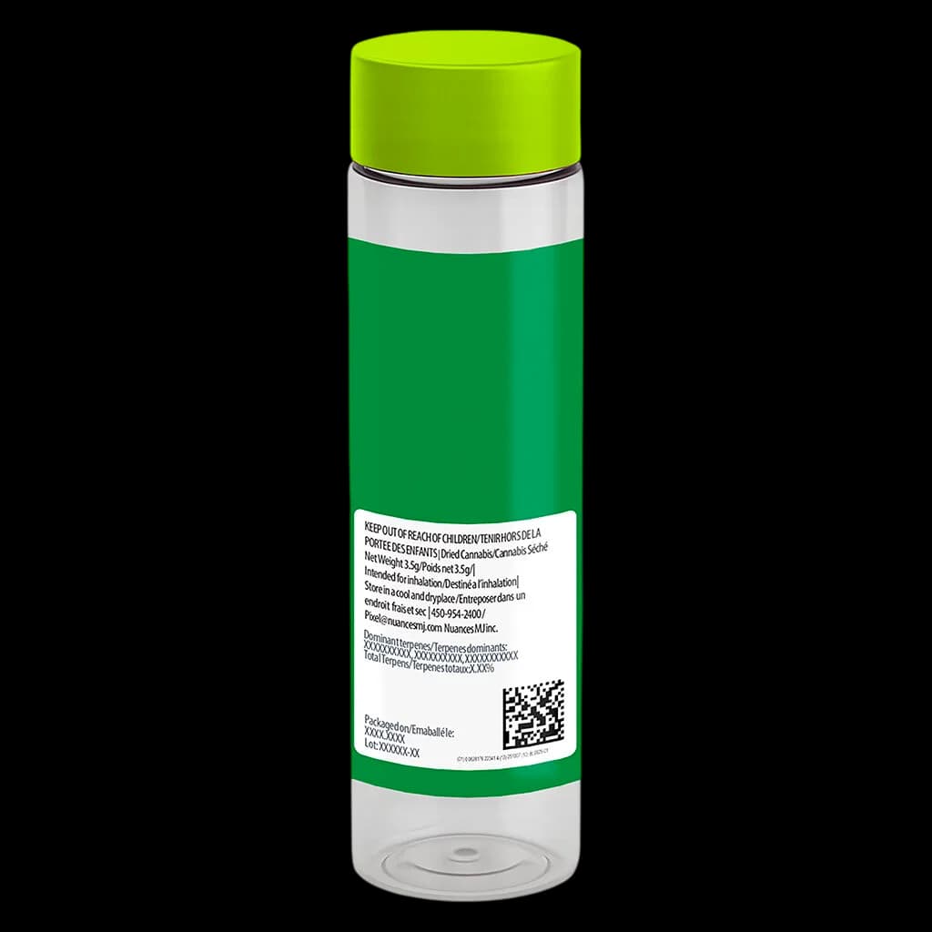 PIXEL AK 47 cannabis pre-roll in clear glass tube with green cap and white regulatory label