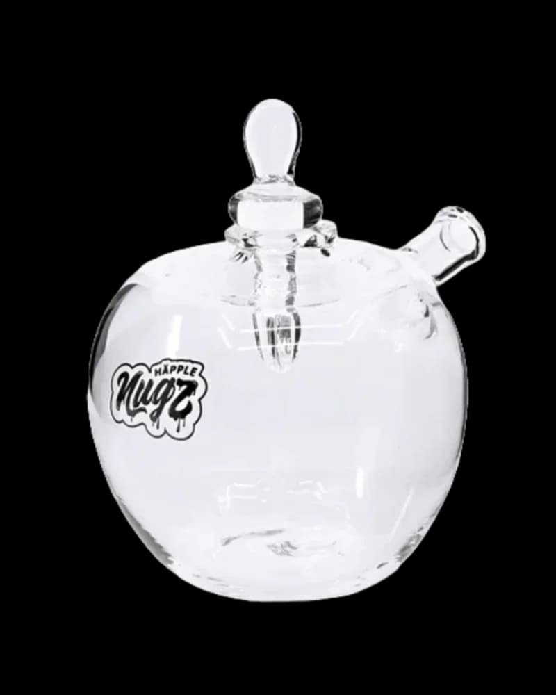 Nugz Happle Hash Pipe, clear glass spherical water pipe with carb hole and glass bowl