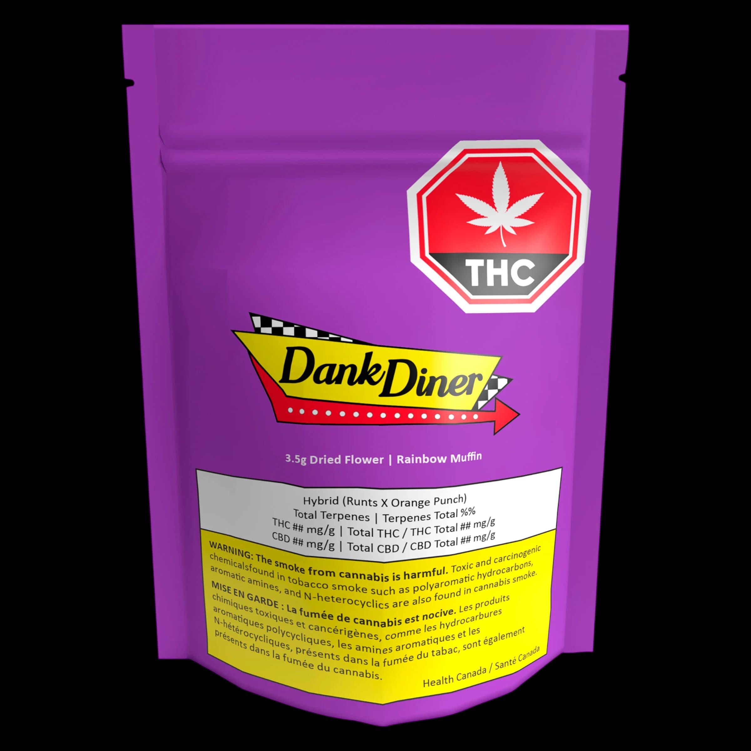 Dank Diner Rainbow Muffin 3.5g dried flower package with purple pouch, red THC warning symbol, and yellow Health Canada warning label