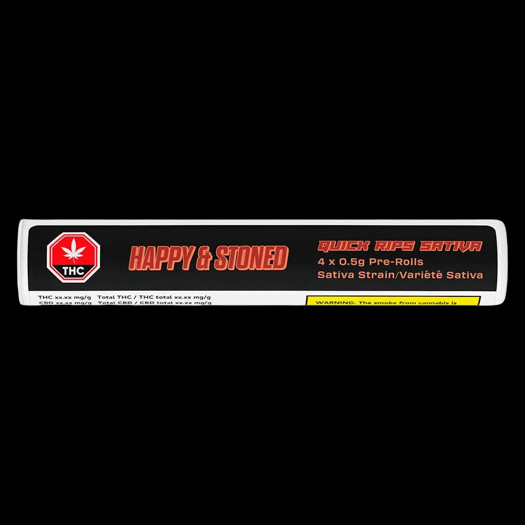 Happy & Stoned Quick Rips Sativa 4 x 0.5g pre-roll pack with red THC warning symbol and yellow Health Canada warning label